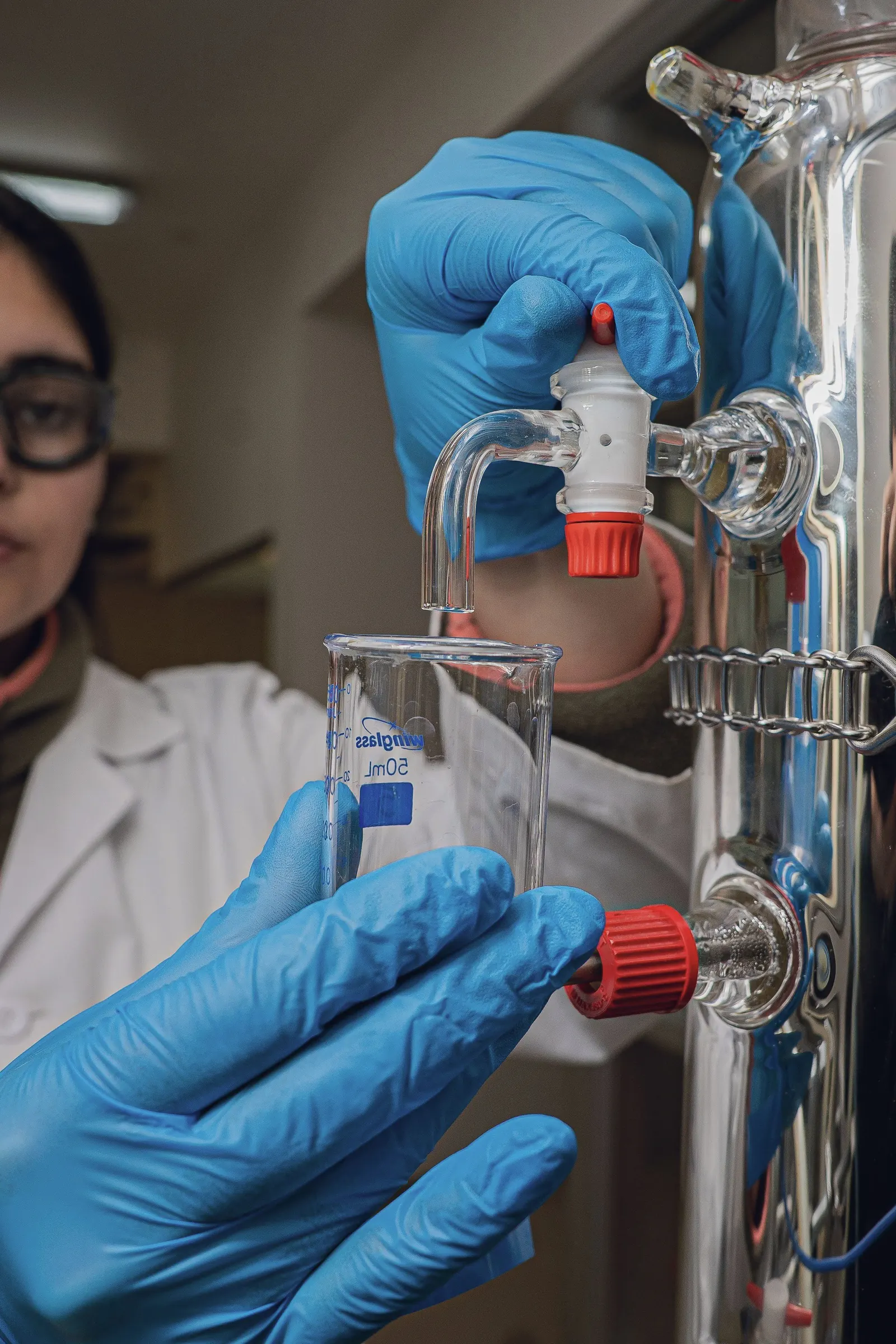 Gloved hands set up laboratory glassware.