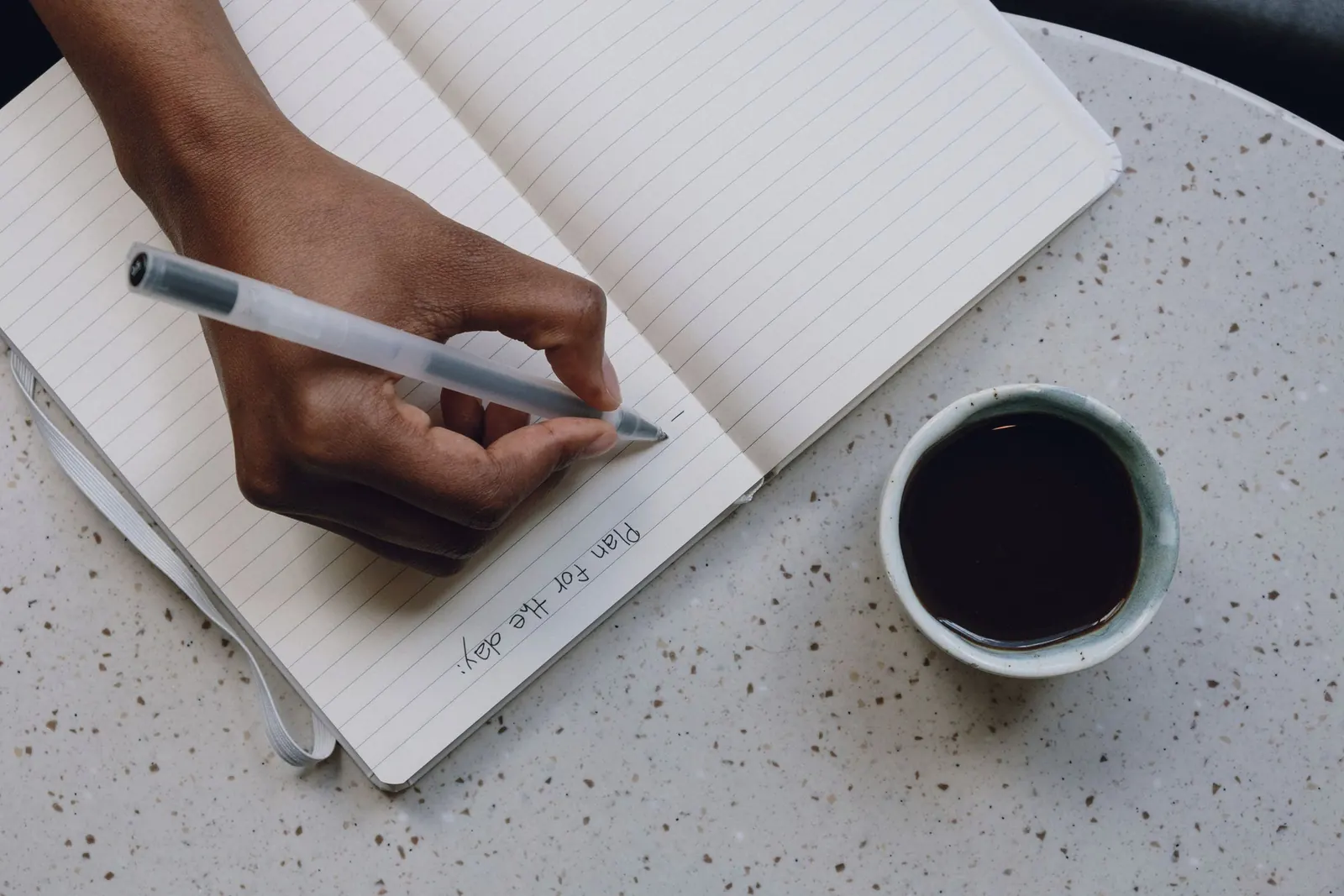 A hand writes a plan for the day in a notebook beside a cup of coffee.