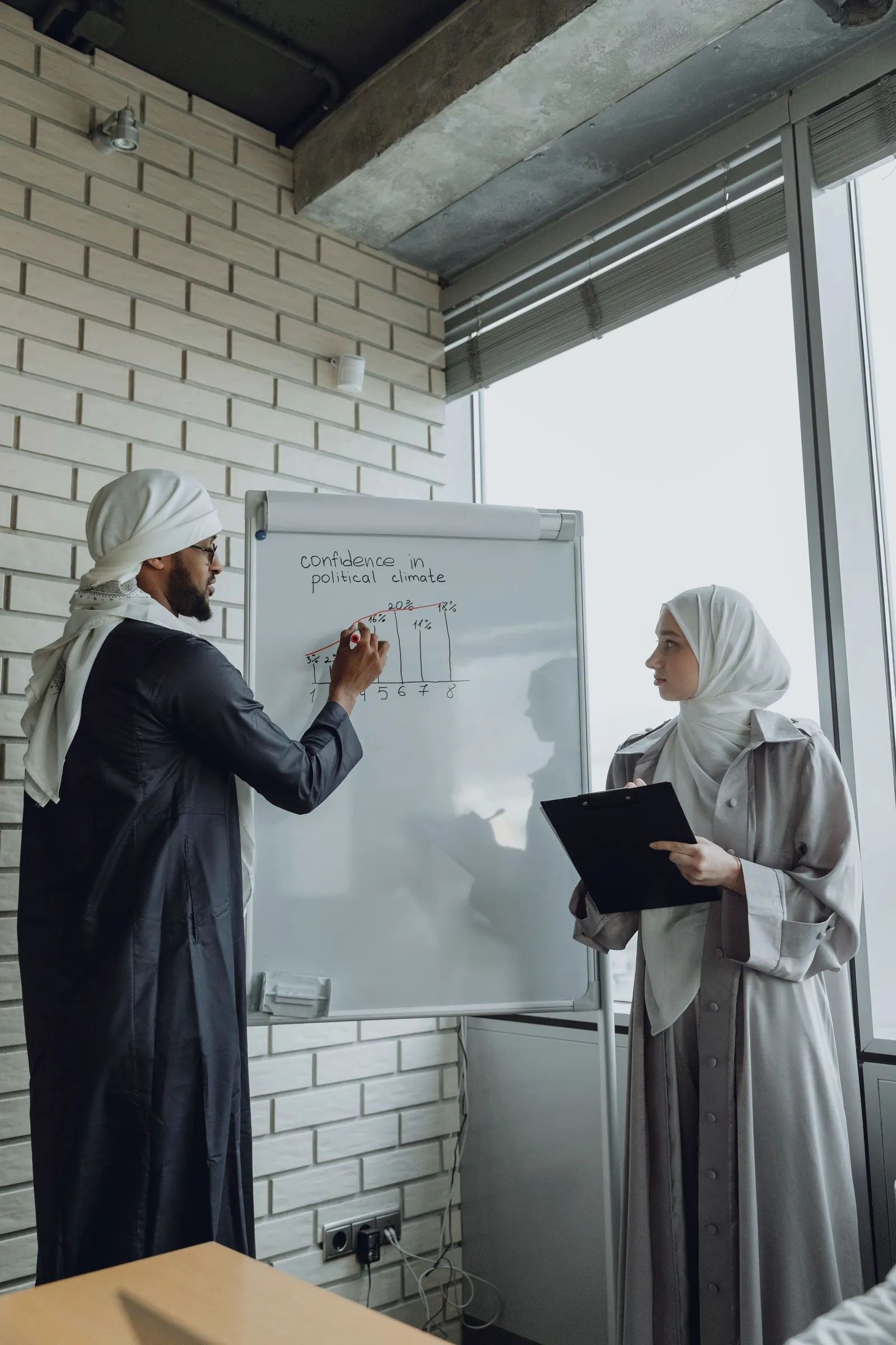 A consultant sketches a process diagram on a whiteboard as a colleague holds the plan.